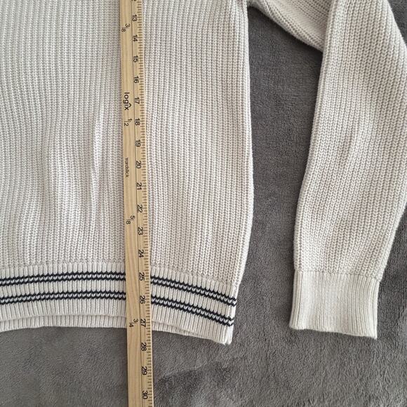 Stafford White Chunky-Knit Cotton Pullover Sweater V-Neck Striped Trim Men's M - Picture 5 of 5